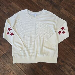 Peace Love World Cream Sweater with Red Star Accents